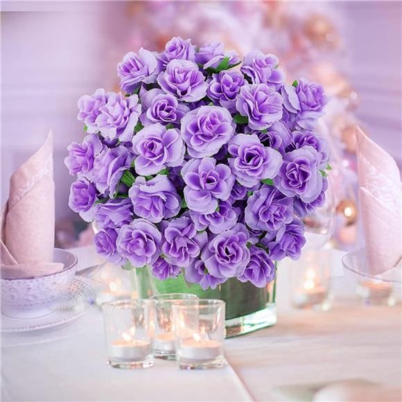 50pcs Purple Roses Artificial Flowers Bulk 1.6" Small Silk Fake Flower Heads - Picture 4 of 5